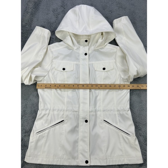 Guess Coat Rain Jacket Women Large Ivory Hooded‎ Pockets Sleek NWOT - Picture 4 of 13
